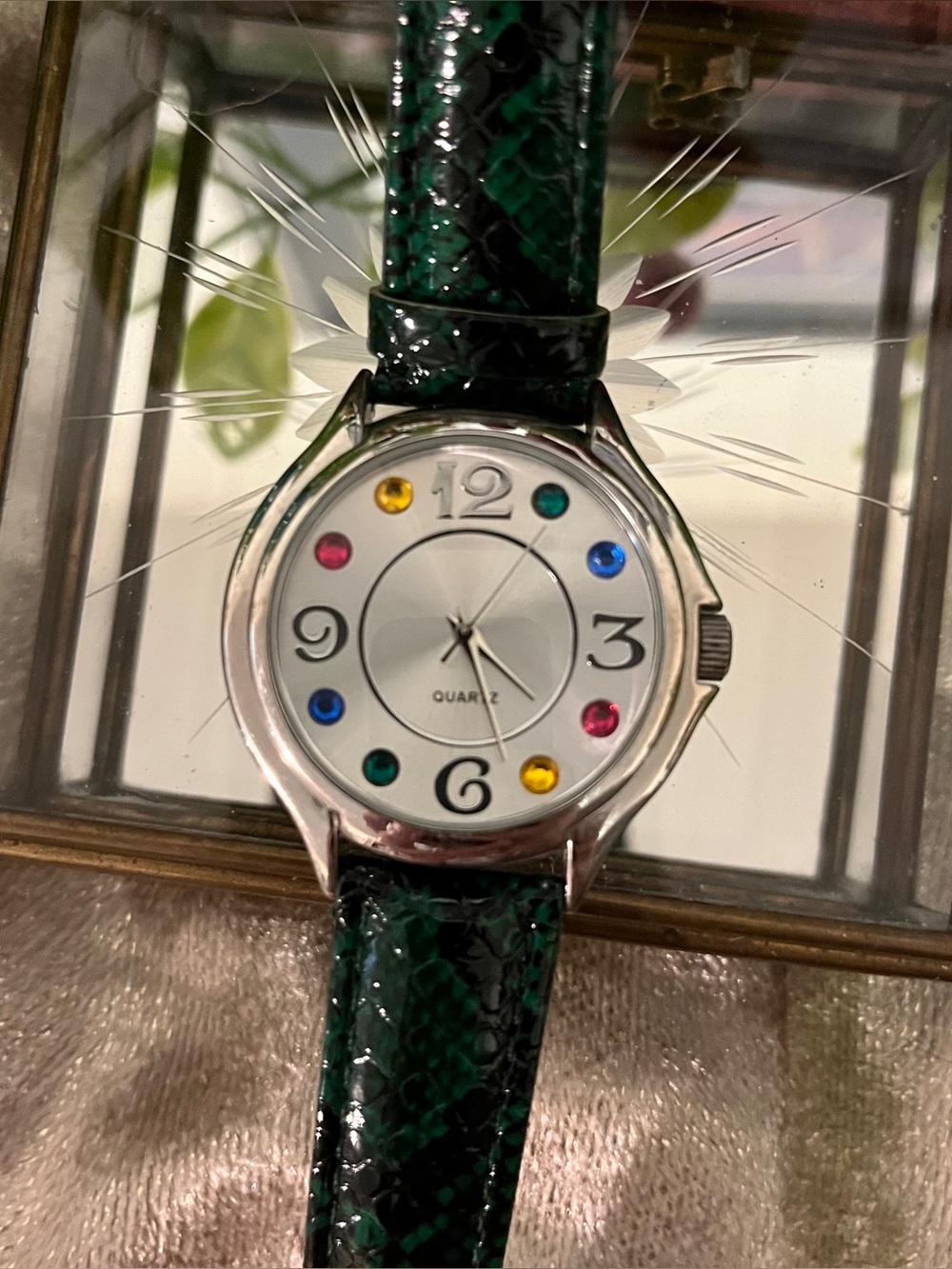 WATCH Colorful Gemstones - Green Croc Leather - Accutime Watch Corp - Silver VTG